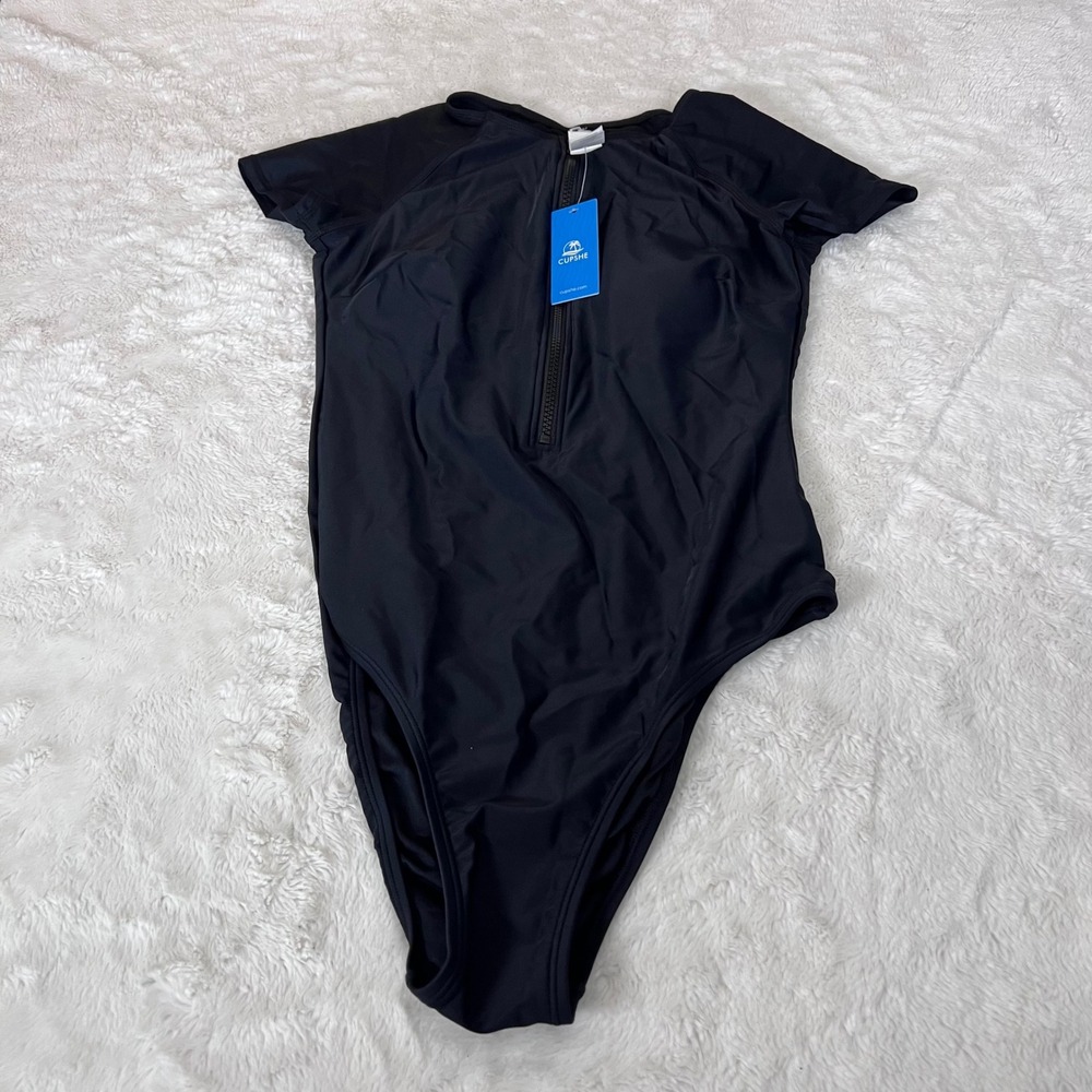Cupshe Womens Black Short‎ Sleeve Zip Front One Piece Swimsuit Size Small NWT
